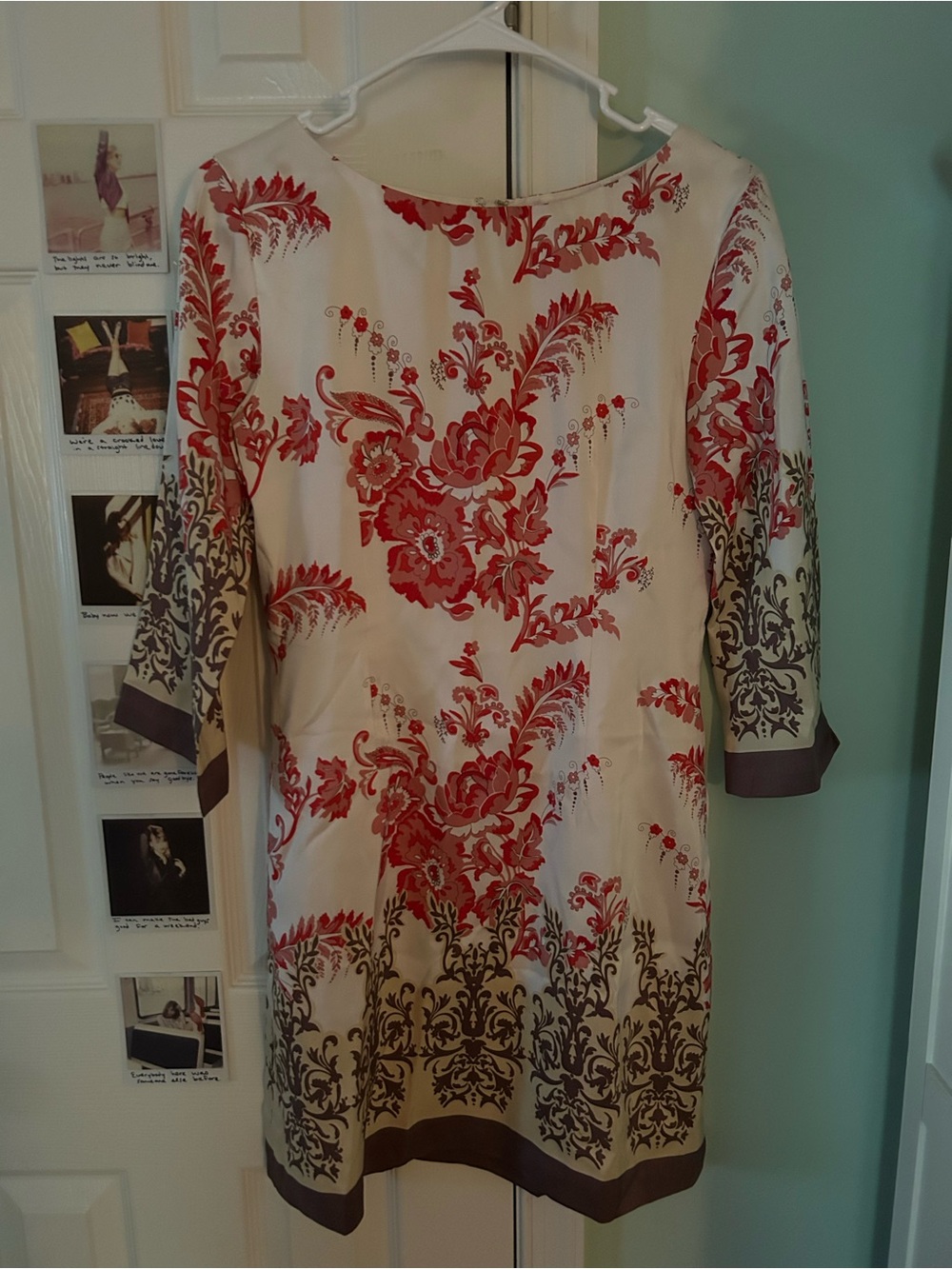100% Silk Neiman Marcus Cream Dress with Red Floral and Brown Border